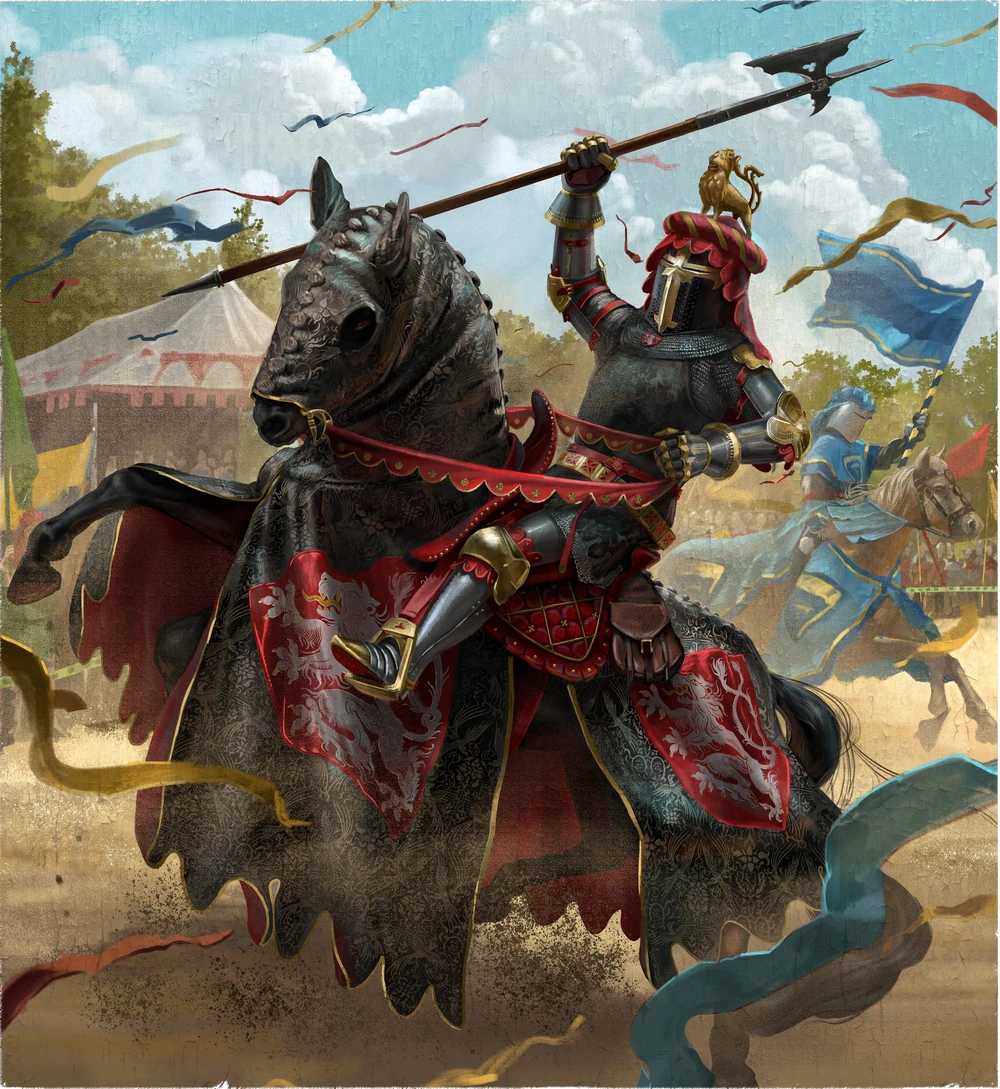 A knight in black armour with an oxblood caparison charges at a tourney, lance raised