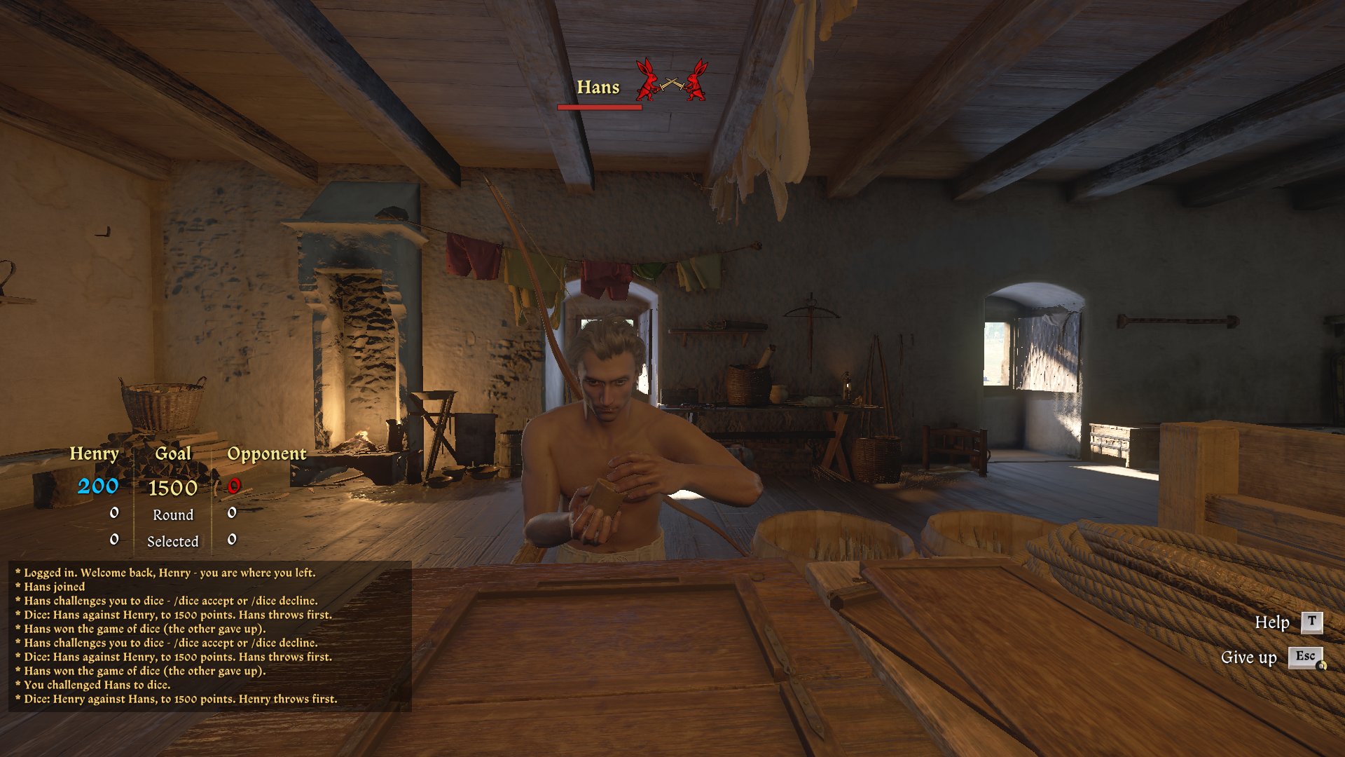 Hans shakes the cup at a dice table
